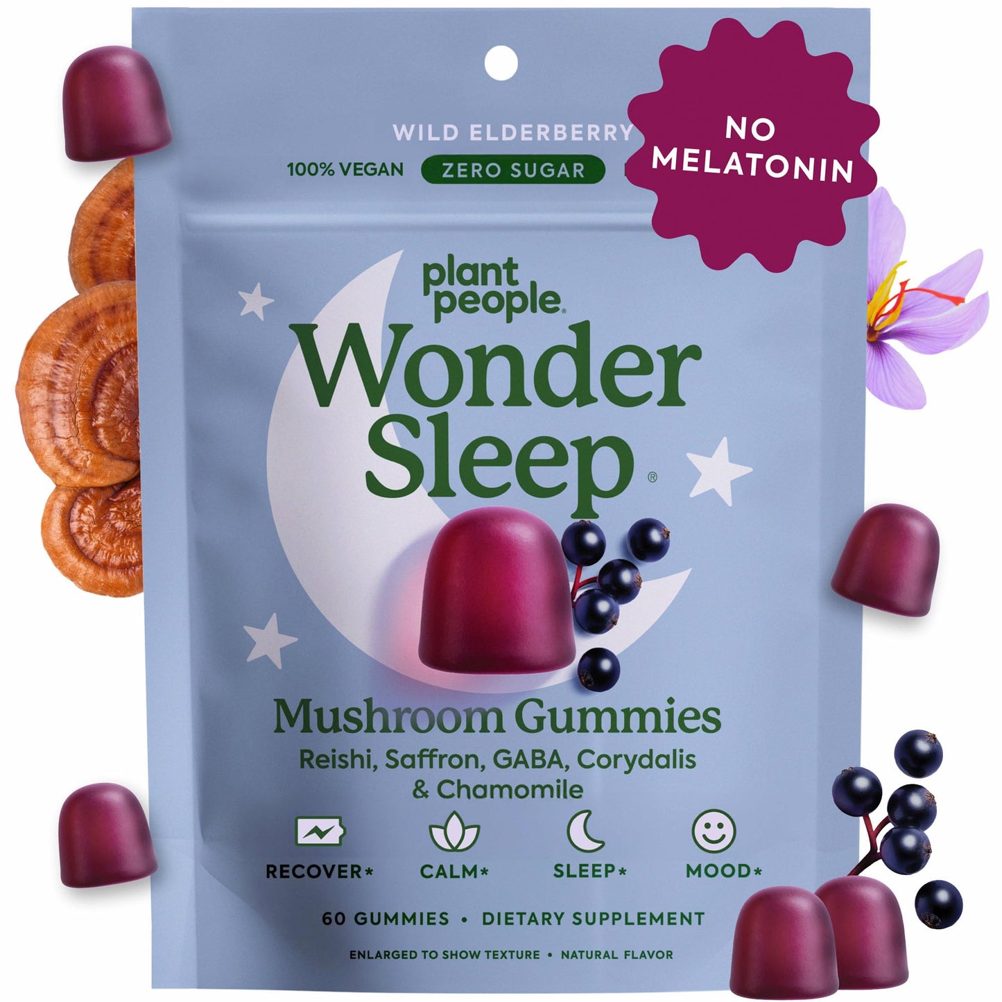 Plant People WonderSleep Mushroom Gummies Supplement for Sleep, No Melatonin with Reishi Super Mushrooms, Wild Elderberry Flavor, Sugar-Free (60 Count) Plant People
