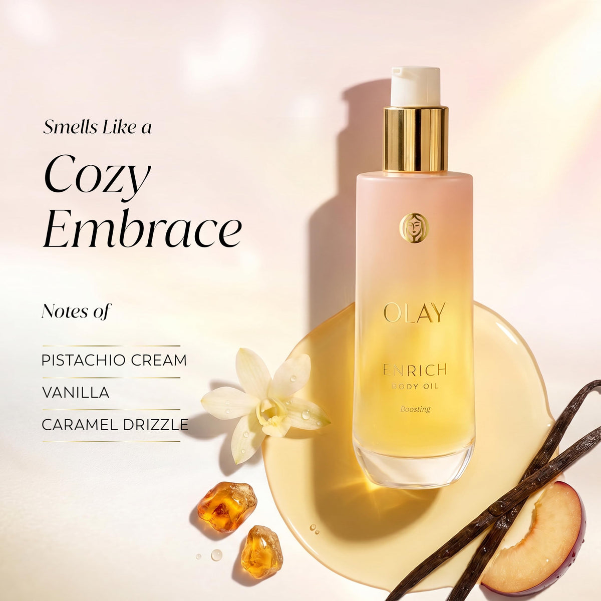 Olay Enrich Boosting Body Oil for Women, with 3-in-1 Oil + Serum Complex with Argan Oil, Rosehip Oil, and Collagen Peptide, Free of Sulfates, Parabens & Phthalates, Vanilla Plum & Amber Scent, 4 fl oz Olay