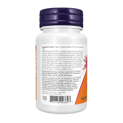 NOW Supplements, Mega D-3 & MK-7, 5000 IU / 180 mcg, Bone & Cardiovascular Support*, Vitamins K-3 & K-2, 120 Capsules Gsupps Australia