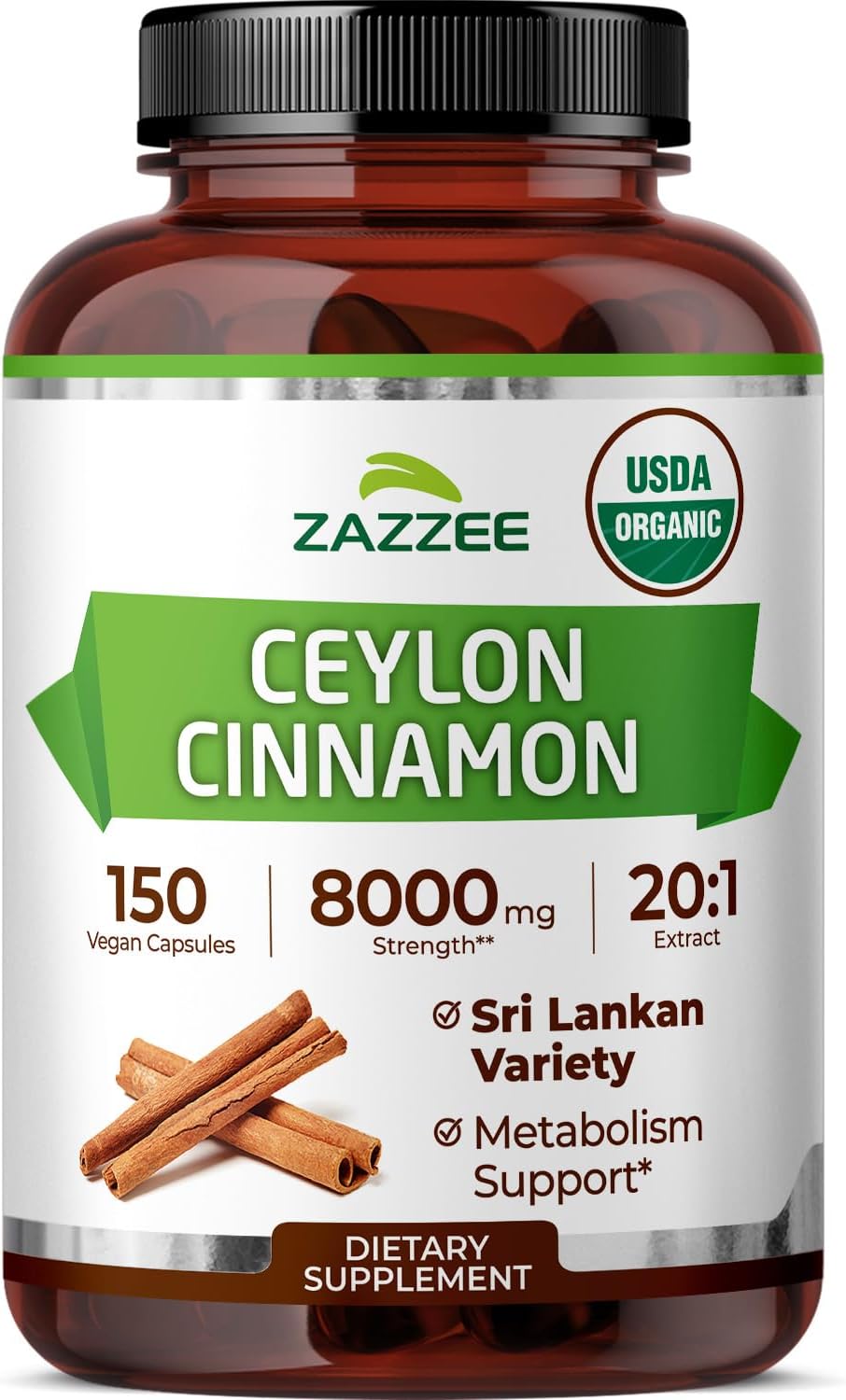 Zazzee USDA Organic Ceylon Cinnamon 20:1 Extract, 150 Capsules, Sri Lankan | Vegan, 5 Month Supply, Cinnamomum Verum, Antioxidant & Metabolic Support, All-Natural, Non-GMO, Made in the USA Gsupps Australia