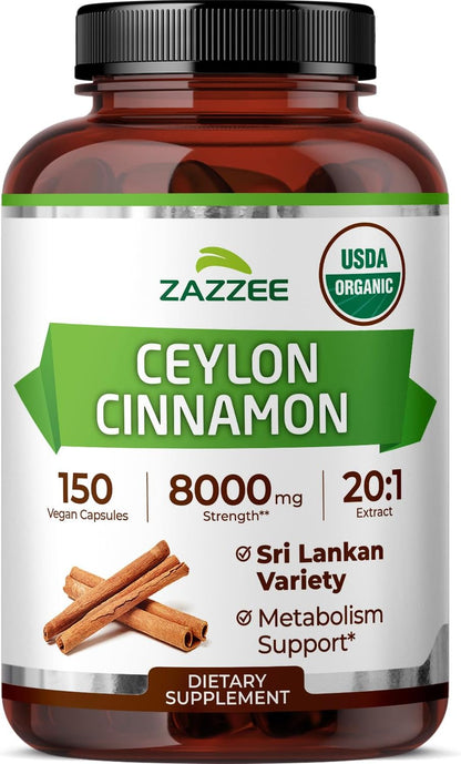 Zazzee USDA Organic Ceylon Cinnamon 20:1 Extract, 150 Capsules, Sri Lankan | Vegan, 5 Month Supply, Cinnamomum Verum, Antioxidant & Metabolic Support, All-Natural, Non-GMO, Made in the USA Gsupps Australia