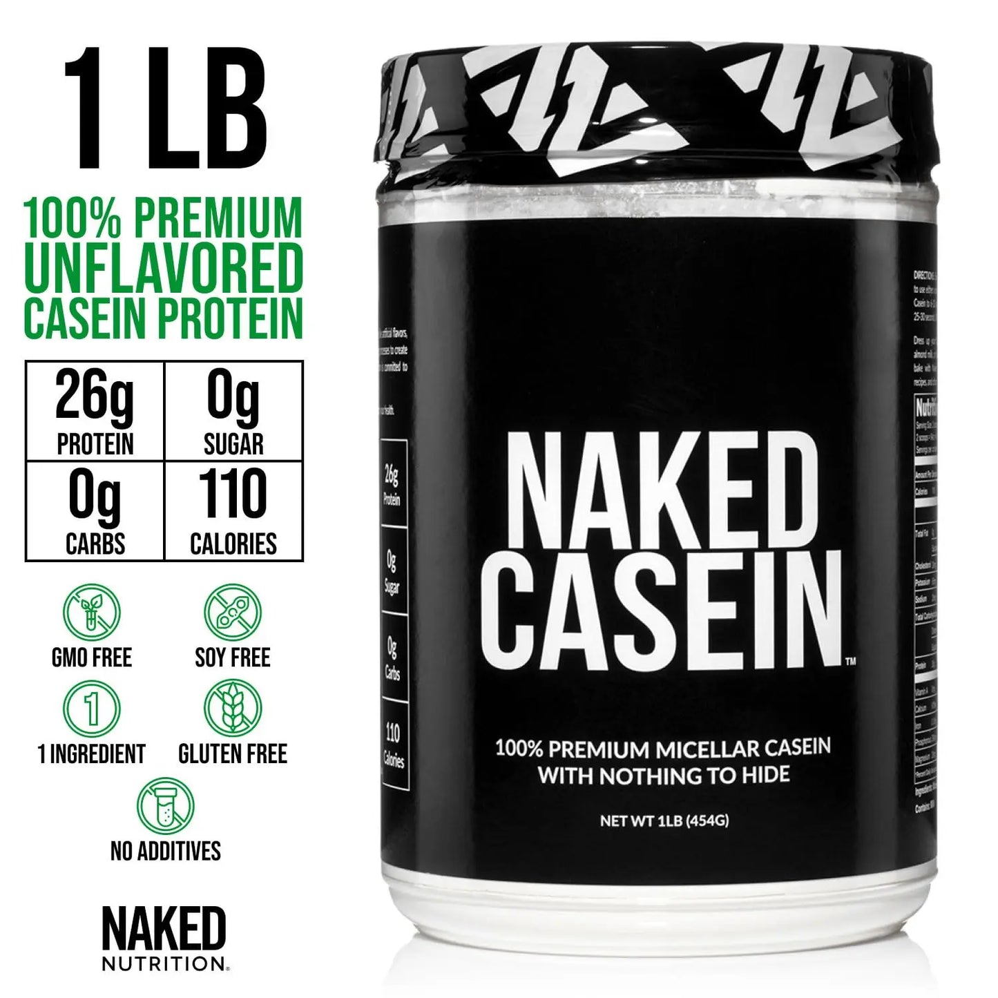 NAKED Casein - 1Lb Micellar Casein Protein - Bulk, Zero Carb, NSF Certified, GMO-Free, Gluten Free, Soy Free, Preservative Free - Stimulate Muscle Growth NAKED