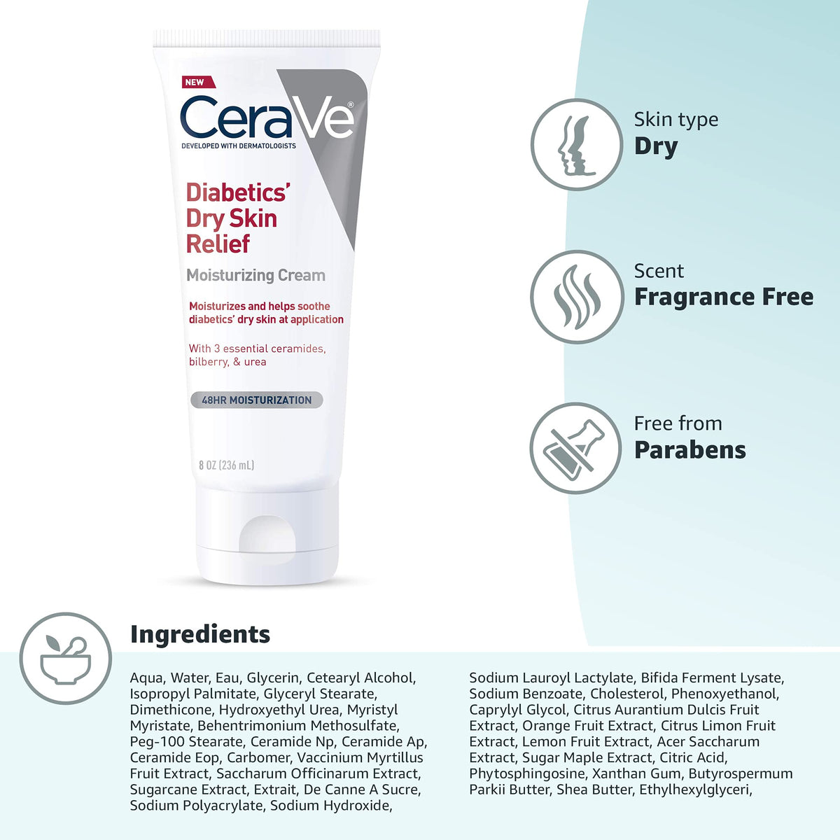 CeraVe Diabetics Dry Skin Moisturizing Cream, Urea Face & Body Lotion, 8oz CeraVe
