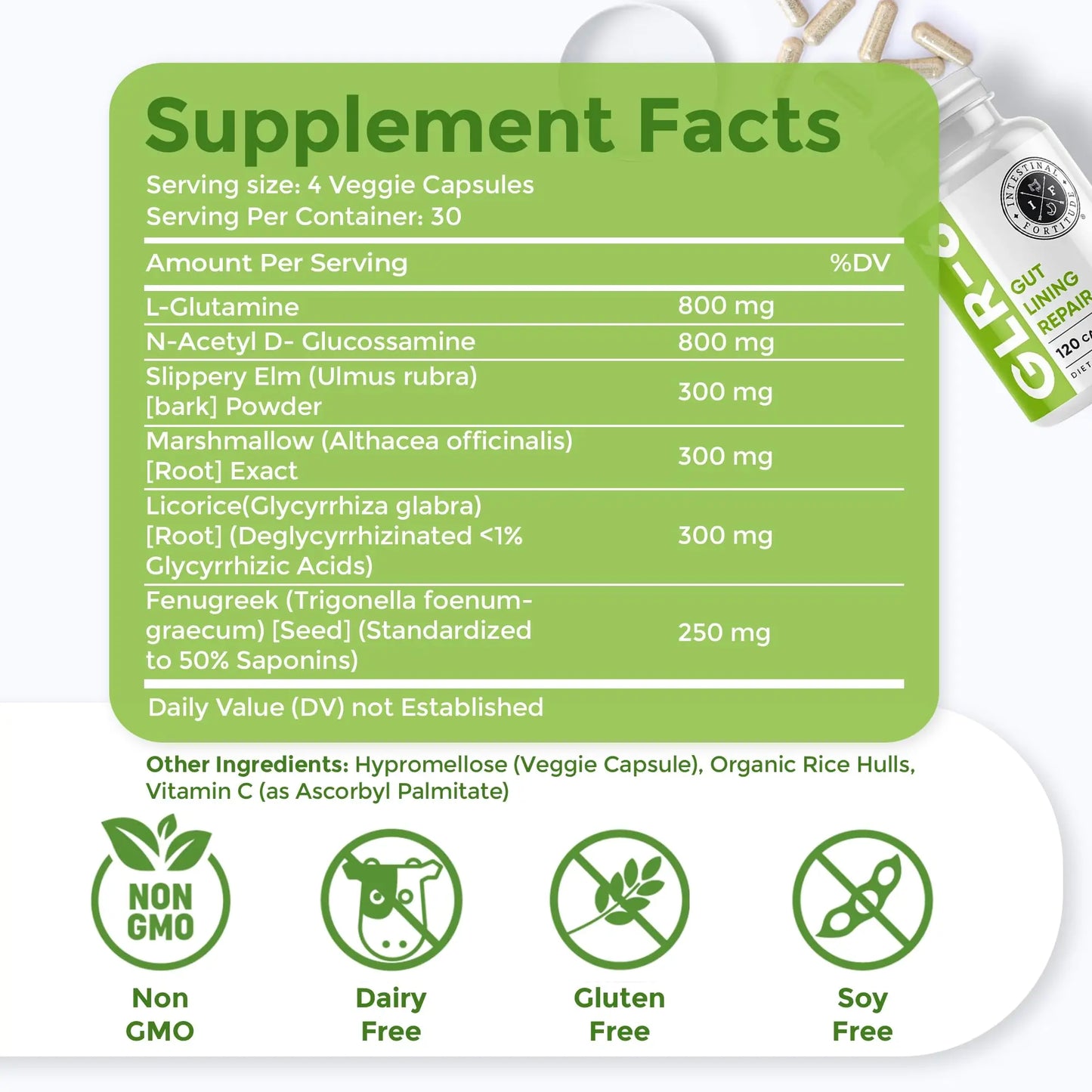 Intestinal Fortitude GLR-6 - Gut Lining Repair Supplement for Gut Health - Leaky Gut Repair with L-Glutamine, Slippery Elm, DGL Licorice Root, Marshmallow Root, Fenugreek Intestinal Fortitude
