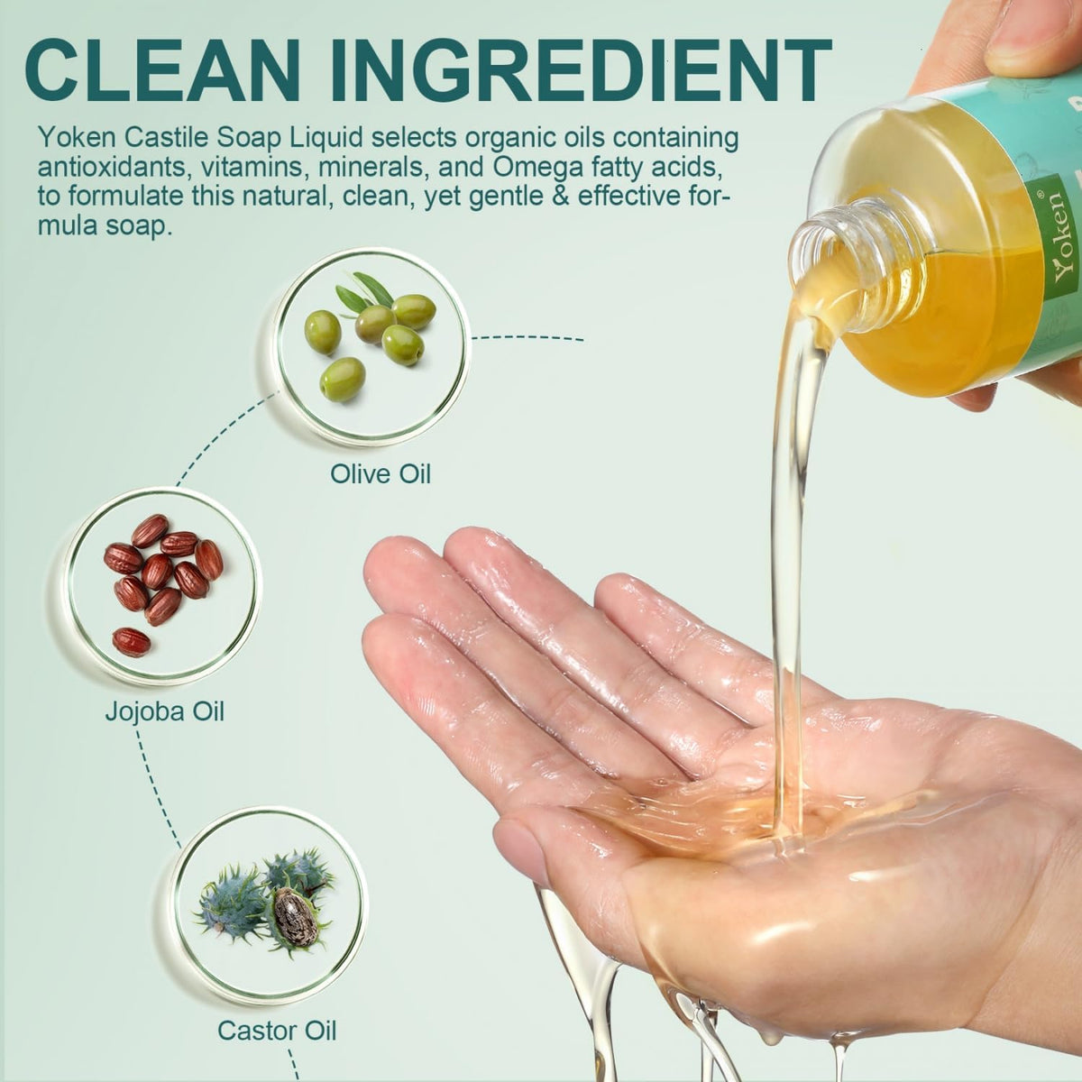 Yoken Pure Castile Liquid Soap 8 Oz Unscented with Organic Oil EWG Verified Yoken
