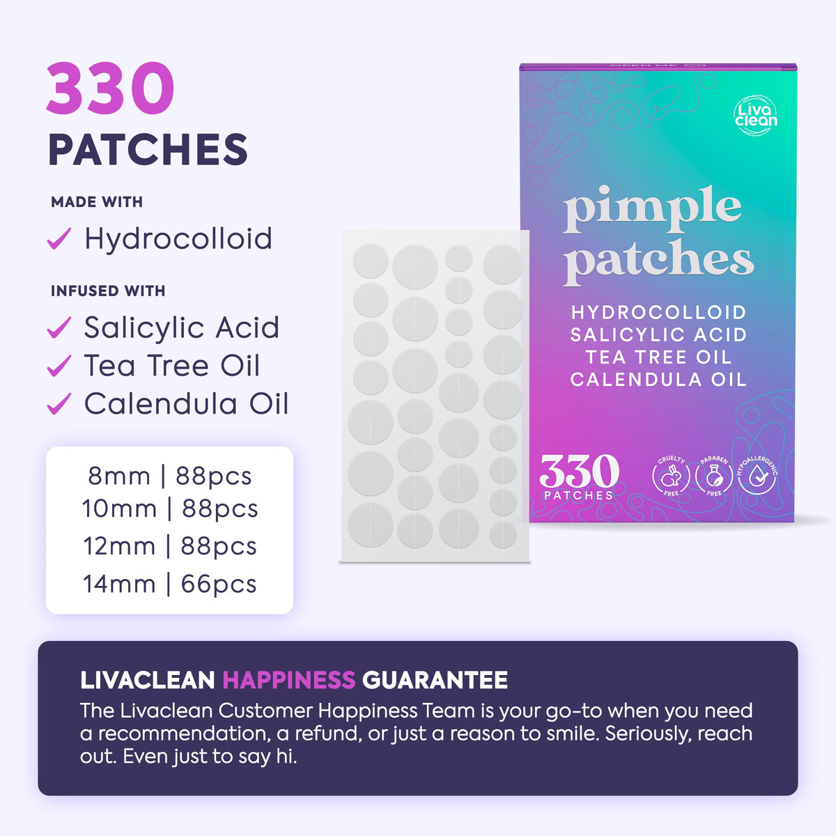 LivaClean 330 CT Pimple Patches for Face w/Salicylic Acid, Tea Tree Oil & Calendula Oil - Four Sizes - Pimple Patch, Hydrocolloid Patch, Acne Patches for Face LivaClean