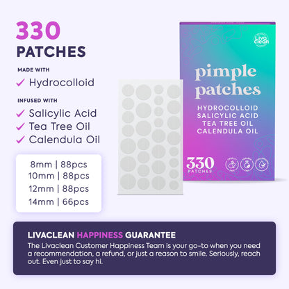 LivaClean 330 CT Pimple Patches for Face w/Salicylic Acid, Tea Tree Oil & Calendula Oil - Four Sizes - Pimple Patch, Hydrocolloid Patch, Acne Patches for Face LivaClean