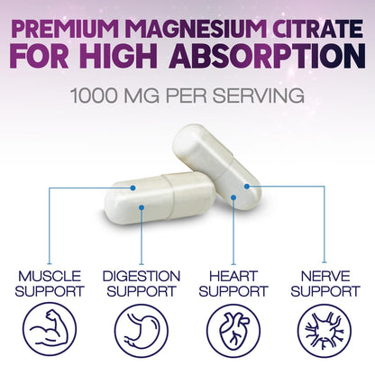 Magnesium Citrate 1000mg Per Serving - Max Absorption Magnesium Powder Capsules for Muscle, Nerve, Bone and Heart Health Support, High Absorption Citrate Complex Health Nutrition Naturals