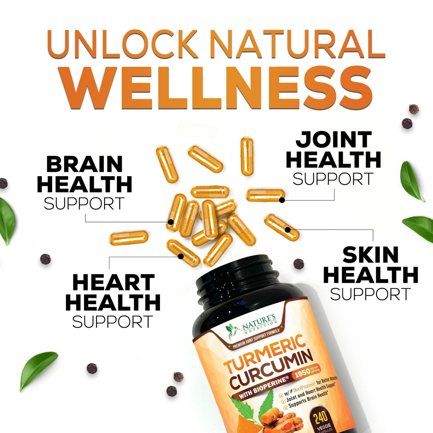 Turmeric Curcumin Supplement - 95% Curcuminoids with Organic Turmeric & BioPerine Black Pepper for Best Absorption - Daily Joint & Immune Health Support Nature's Nutrition