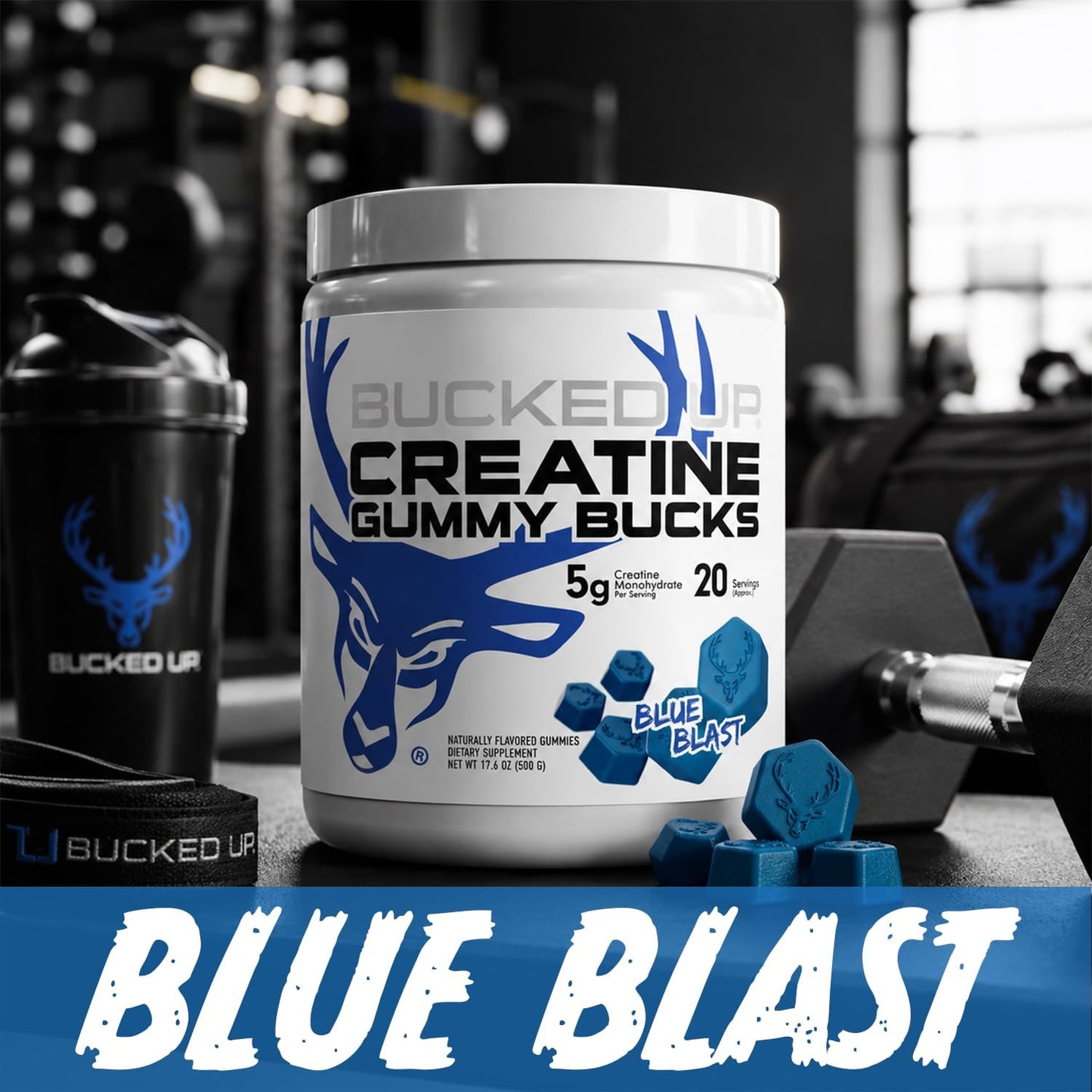 Bucked Up Creatine Gummy Bucks Blue Blast | 5g Creatine Monohydrate per Serving | Non GMO Gluten Free Vegan Creatine Gummies | Chewable Creatine Supplement (20 Servings)