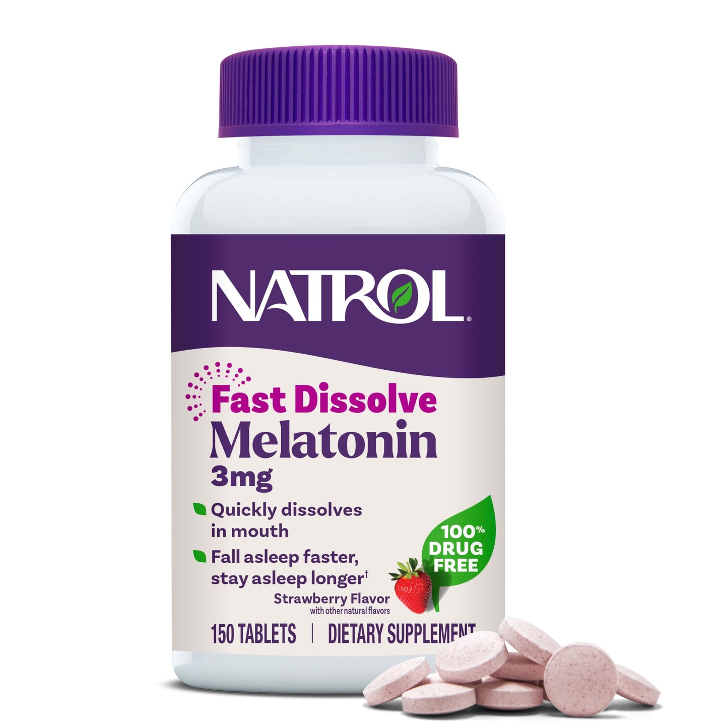 Natrol Fast Dissolve Melatonin 3 mg, Melatonin Supplements for Restful Sleep, Sleep Support for Adults, 150 Strawberry-Flavored Tablets Natrol