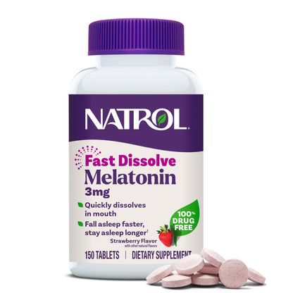Natrol Fast Dissolve Melatonin 3 mg, Melatonin Supplements for Restful Sleep, Sleep Support for Adults, 150 Strawberry-Flavored Tablets Natrol