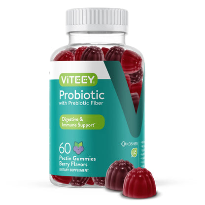 Viteey Probiotic Gummies with Prebiotics – Gut Health Supplements for Digestive Health – 2 Billion CFUs – Vegan, Gluten-Free – 60 Count Viteey