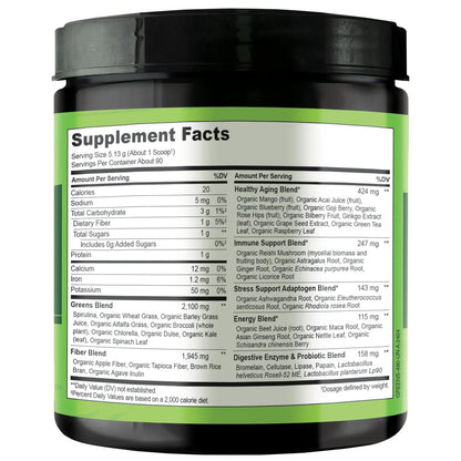NATURELO Raw Greens Superfood Powder - Unsweetened - Boost Energy, Detox, Enhance Health - Organic Spirulina - Wheat Grass - Whole Food Nutrition from Fruits NATURELO