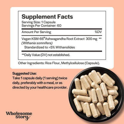 Vegan KSM 66 Ashwagandha Capsules| High Potency 5% Withanolides | Ashwagandha Root Extract Supplements | Ashwagandha 300mg | Stress Management & Well Being Support | 60 Ashwaganda Pills