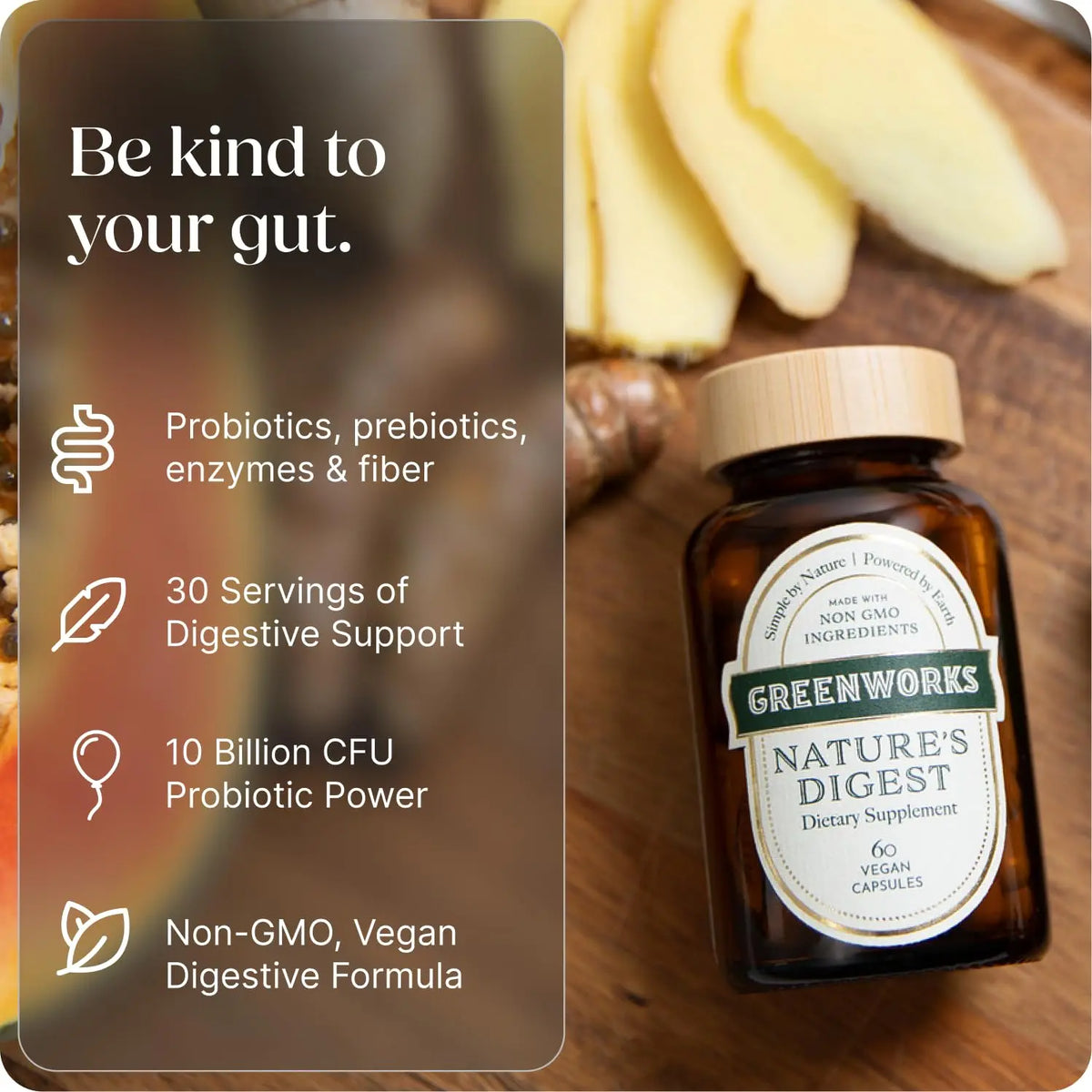 Greenworks Nature's Digest 10 Billion CFU Probiotic for Adults | Daily Gut Health Supplement with Saccharomyces Boulardii, Psyllium Husk, Bromelain, Greenworks