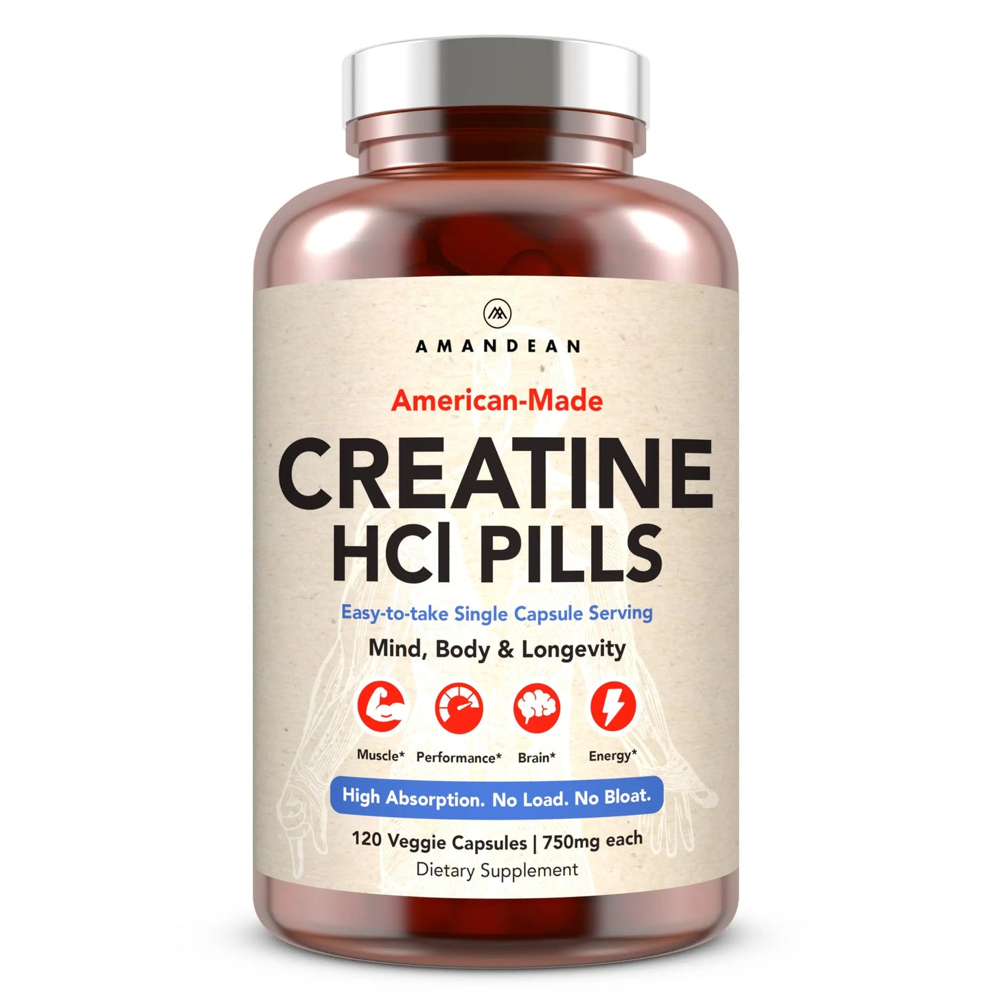 AMANDEAN Creatine HCl Pills. American Made CON-CRET. 120 Capsules. 7X Concentrated. No Bloat. Muscle, Energy, Cognitive, Recovery Support for Men & Women. Gluten Free, Non-GMO. AMANDEAN