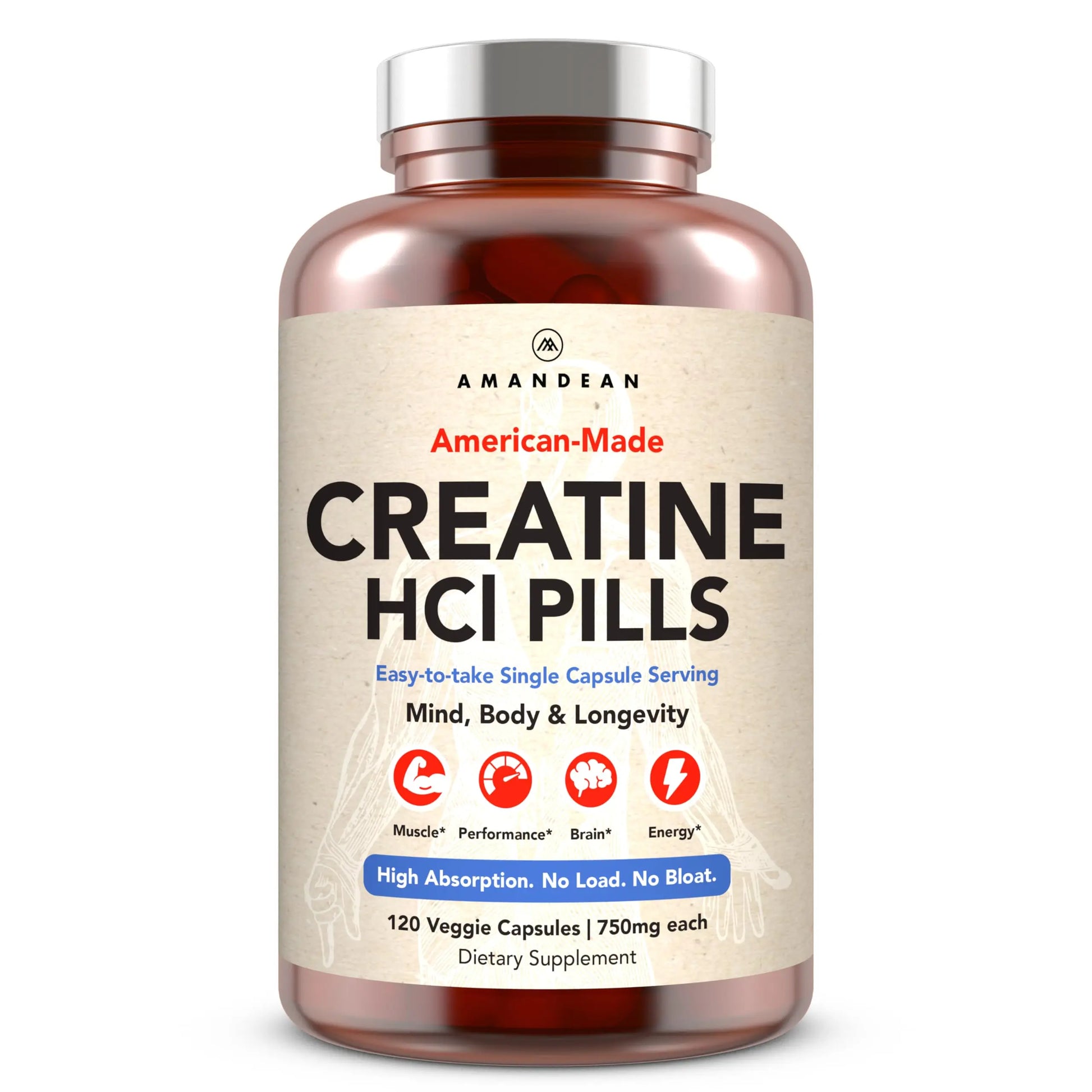 AMANDEAN Creatine HCl Pills. American Made CON-CRET. 120 Capsules. 7X Concentrated. No Bloat. Muscle, Energy, Cognitive, Recovery Support for Men & Women. Gluten Free, Non-GMO. AMANDEAN