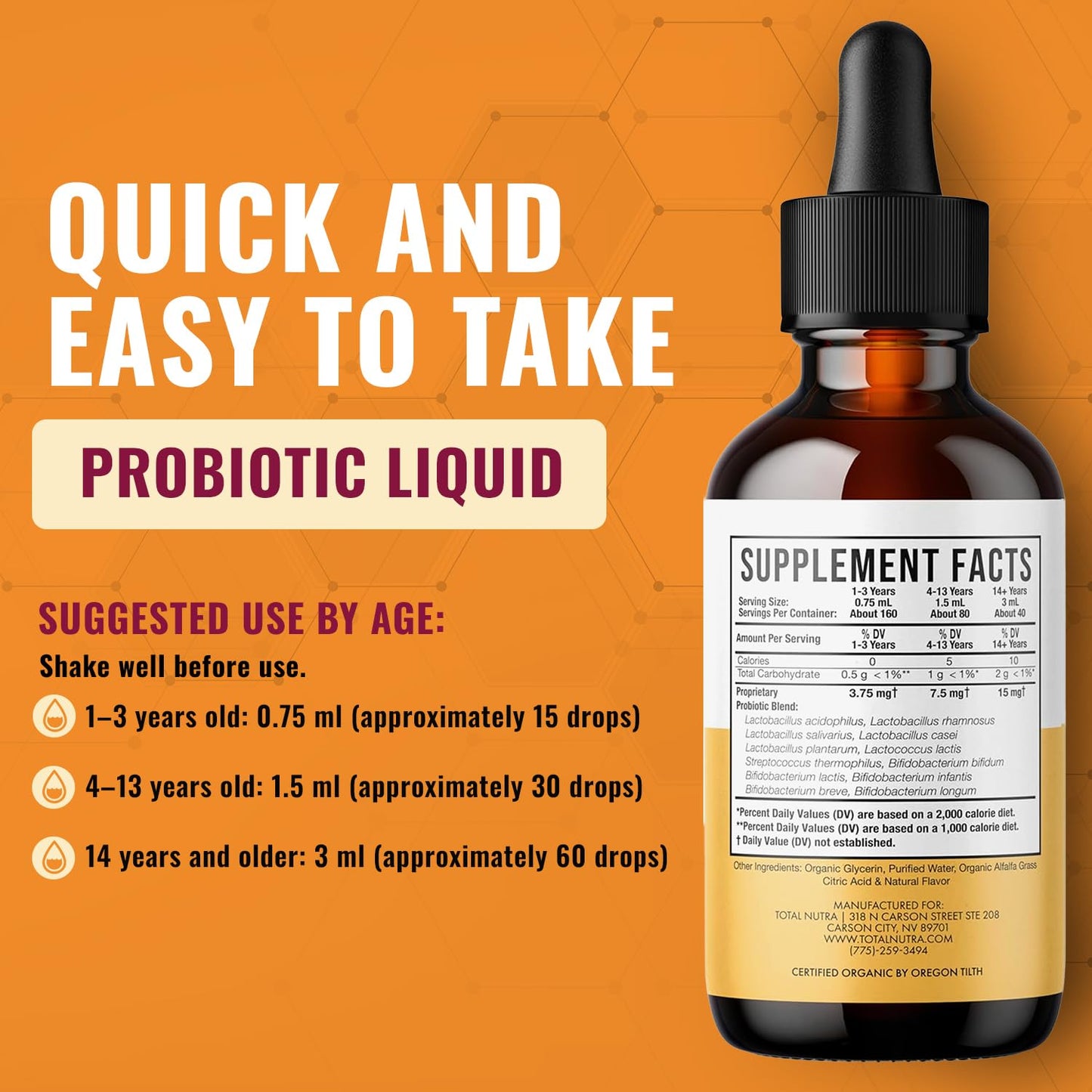 Total Nutra USDA Organic Liquid Probiotic for Kids, Women & Men, Toddler Probiotic Drops with Alfalfa Prebiotic Blend + Acidophilus for Gut Health, Vegan Total Nutra