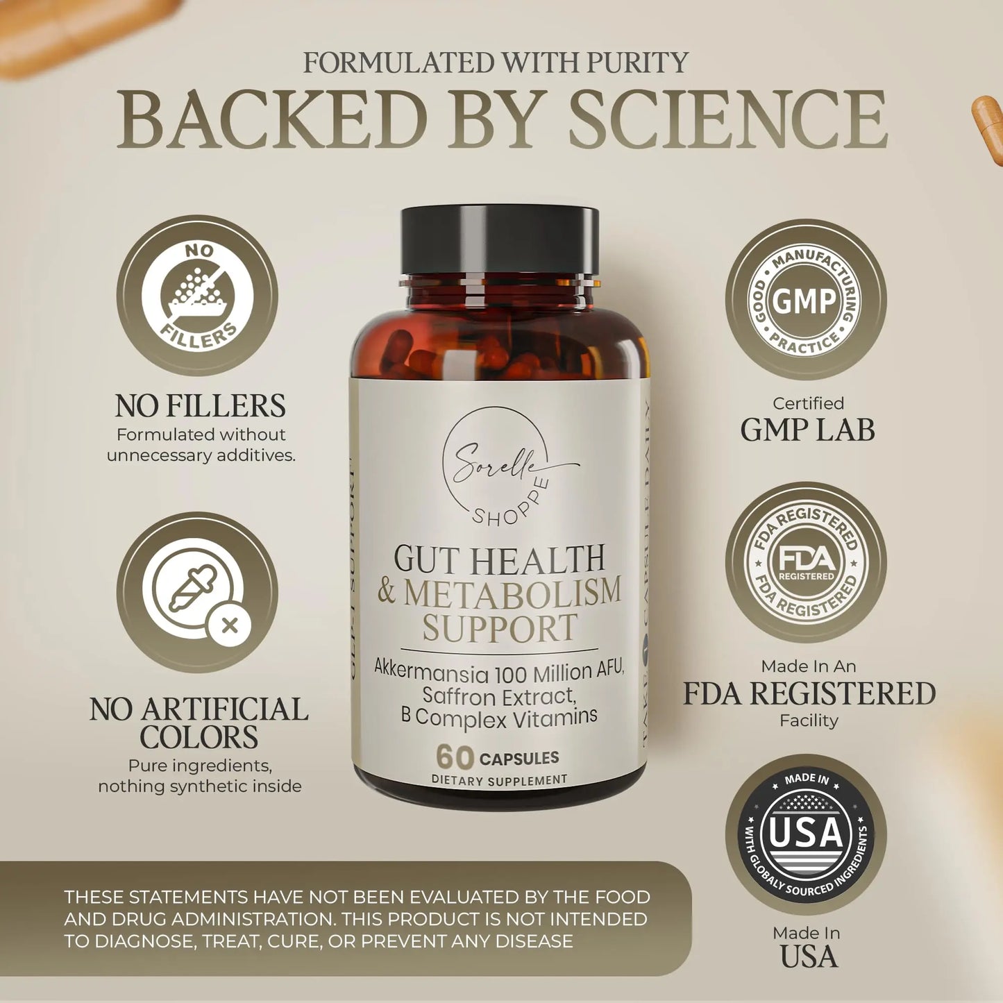SORELLE SHOPPE Akkermansia Muciniphila Probiotic + Saffron + B Complex | Core Gut Health & Daily Wellness | Mood & Metabolism Support SORELLE SHOPPE