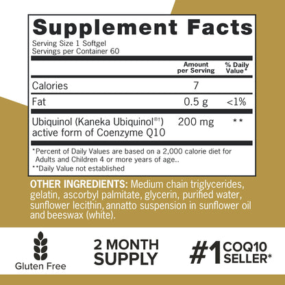 Qunol 200mg Ubiquinol, Powerful Antioxidant for Heart and Vascular Health, Essential for energy production, Natural Supplement Active Form of CoQ10, 60 Count Qunol