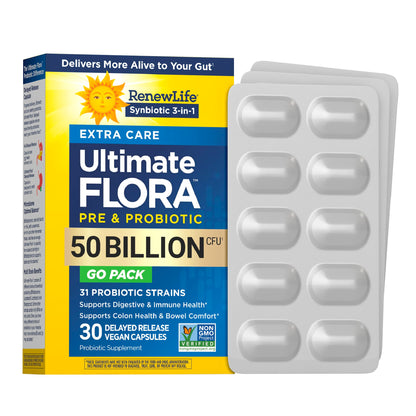 Renew Life Extra Care Digestive Probiotic Capsules, 50 Billion CFU Guaranteed, Daily Supplement Supports Immune, Digestive, Respiratory Health(1), L. Rhamnosus GG, Dairy, Soy and Gluten-Free, 90 Count | 90 Vegetarian Capsules | Supports Digestive, Immune Gsupps Australia
