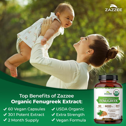 Zazzee USDA Organic Fenugreek 30:1 Extract, 120 Capsules, 4 Month Supply | Vegan, Breastfeeding & Lactation Support for Nursing Mothers, Organic Herbal Supplement, All-Natural, Non-GMO, Made in USA Gsupps Australia