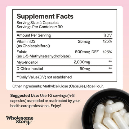 Myo-Inositol & D-Chiro Inositol Capsules with MTHF, Folate, Vitamin D| Support for Ovarian Function, Hormone Balance, & Homocysteine Levels | Fertility Supplements for Women | 40:1 Ratio