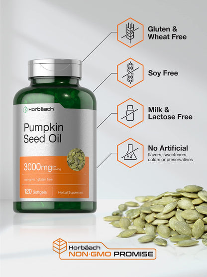 Horbäach Pumpkin Seed Oil | 3000mg | 120 Softgel Capsules | Cold Pressed Dietary Supplement | Non-GMO and Gluten Free Formula Horbäach