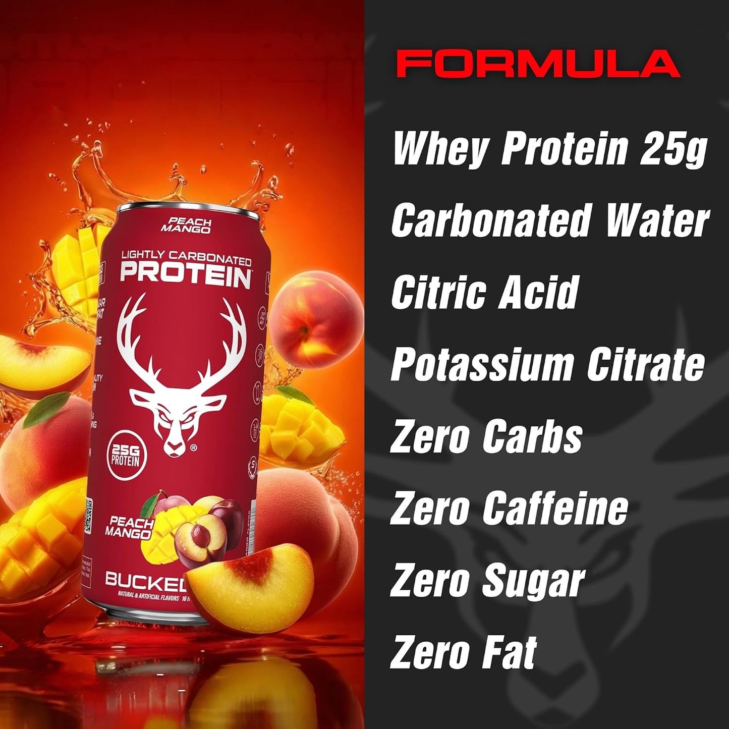 Bucked Up Lightly Carbonated Protein Soda | 25g Whey Isolate - Zero Sugar, Low Calorie, Caffeine Free, Clean Drink | Sparkling Protein Soda - 12 Pack, 16 oz Cans (Peach Mango)