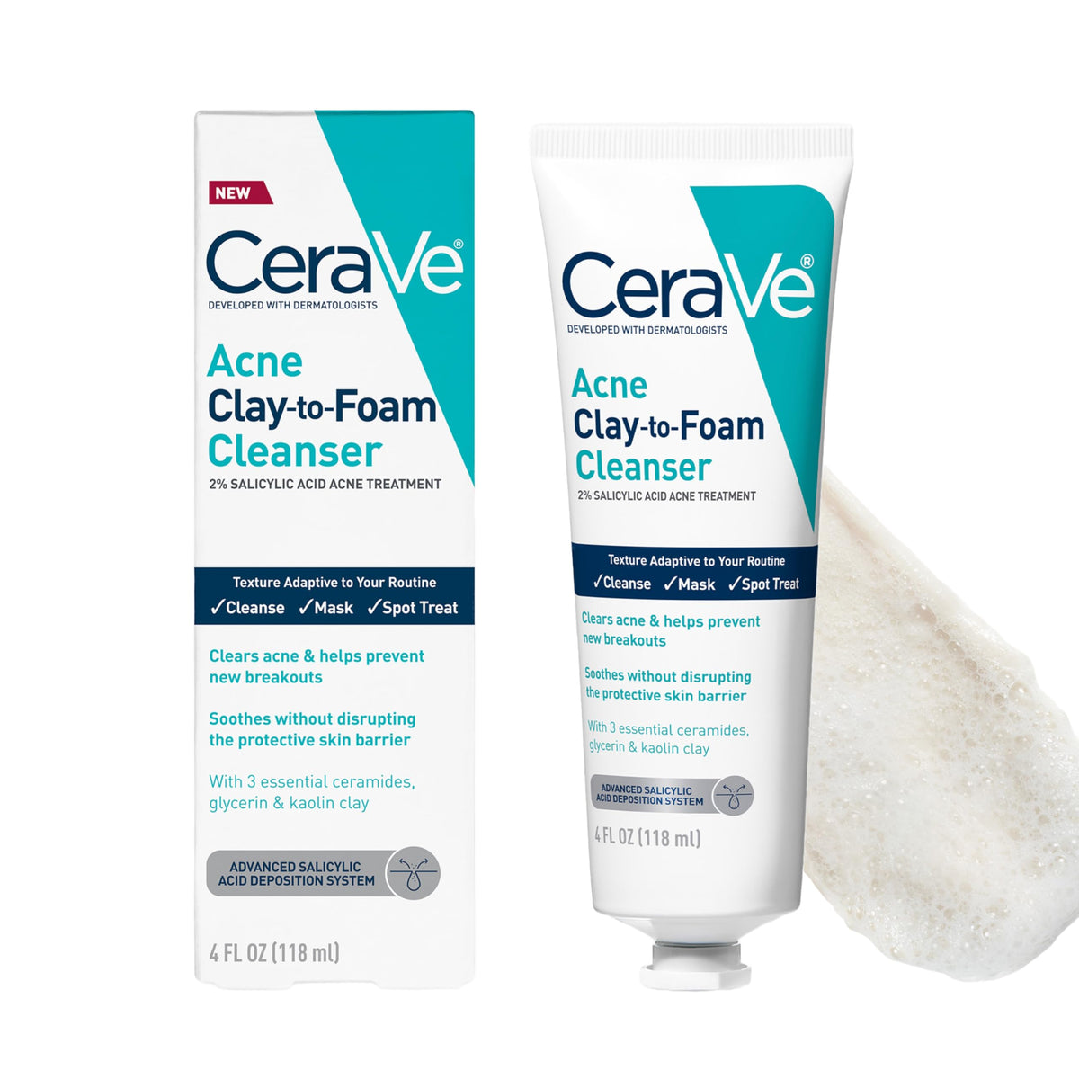 CeraVe Clay to Foam Acne Face Wash, Salicylic Acid Spot Treatment, 4 Oz CeraVe