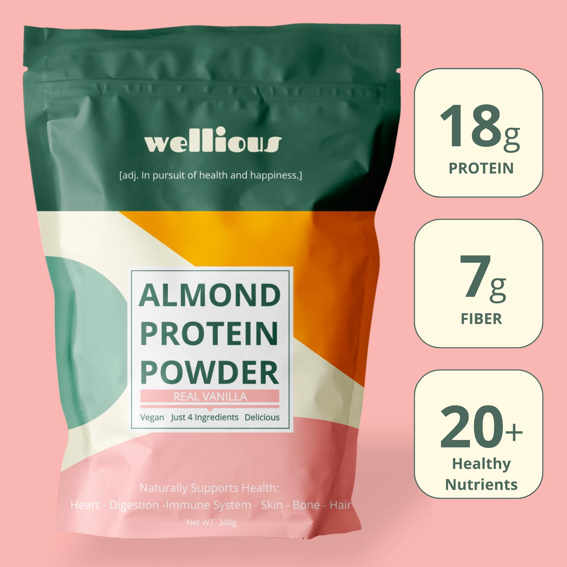 wellious Almond Protein Powder (Vanilla) - 18 Grams of Pure Healthiest Vegan Protein for Women & Men - Perfect Soy-Free & Smooth Gut Friendly Protein Powder for Sports Nutrition wellious buy australia supplements