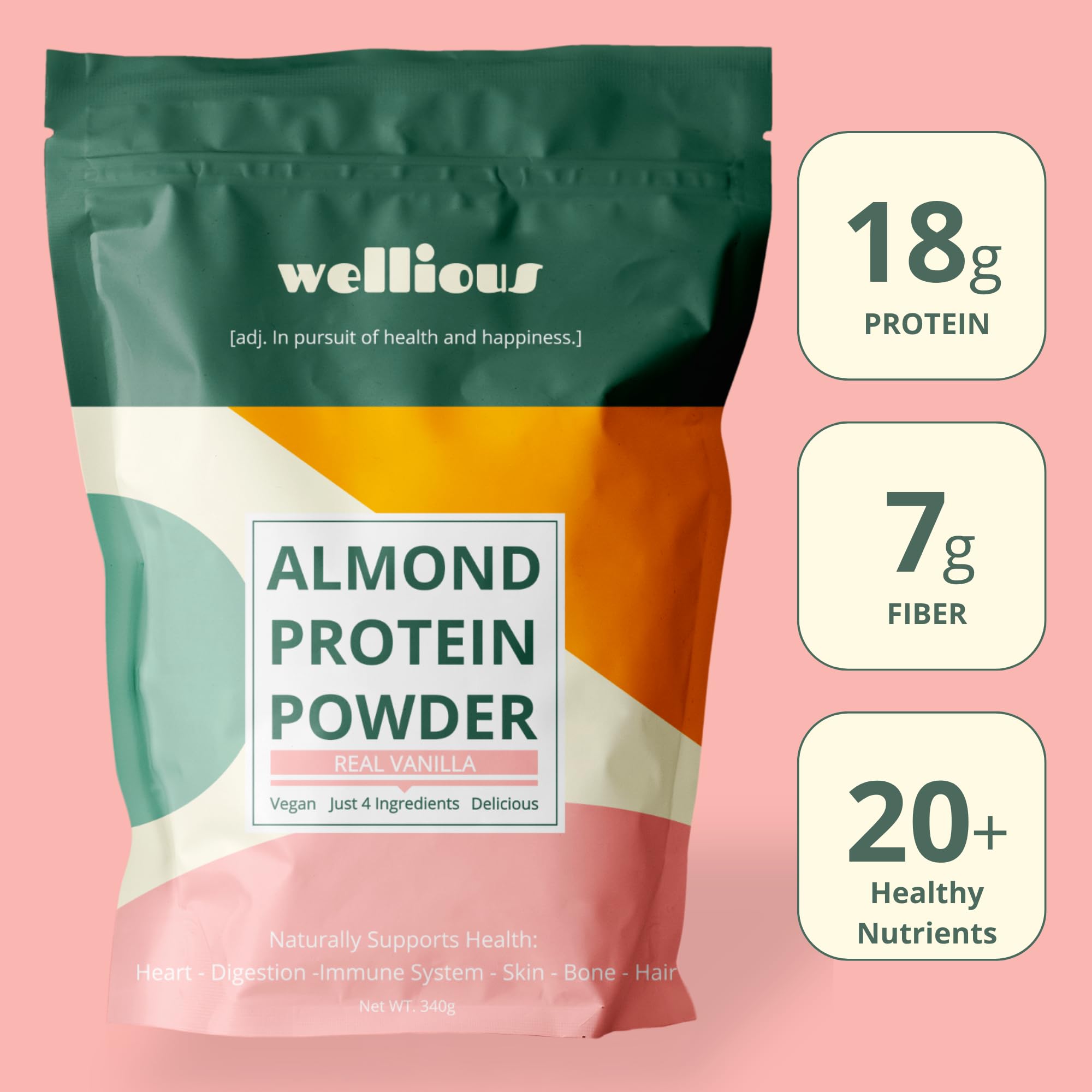 wellious Almond Protein Powder (Vanilla) - 18 Grams of Pure Healthiest Vegan Protein for Women & Men - Perfect Soy-Free & Smooth Gut Friendly Protein Powder for Sports Nutrition wellious buy australia supplements