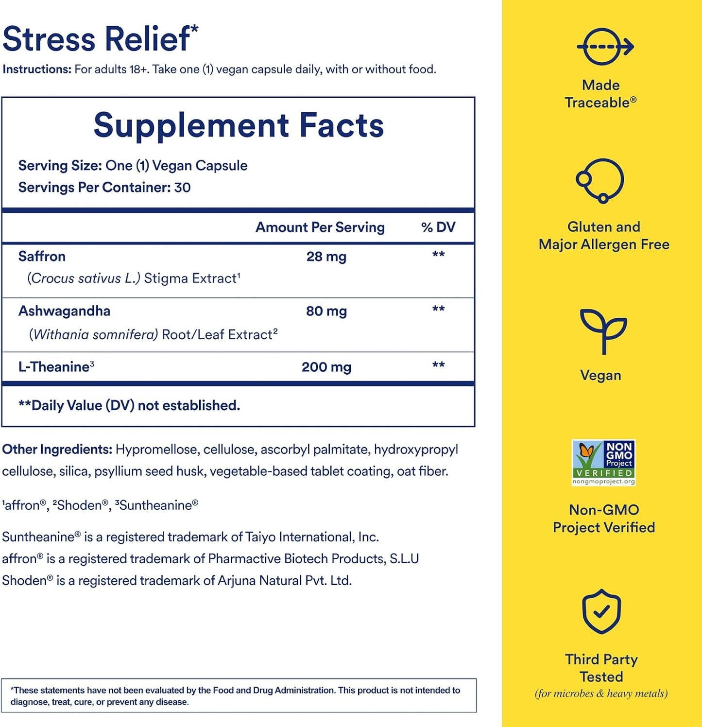 Ritual Stress Relief Supplement - Ashwagandha, L-Theanine, & Saffron - Helps Reduce Stress, Manage Cortisol, Promotes Calm, Relaxation* - All Day Support* - Vegan - Citrus - 30 Capsules - 30 Servings