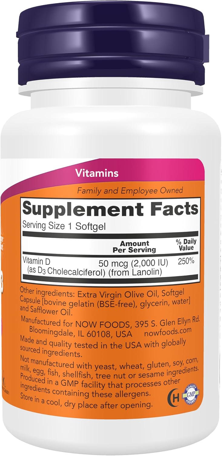 NOW Foods Supplements, Vitamin D-3 2,000 IU, High Potency, Structural Support*, 240 Softgels Gsupps Australia