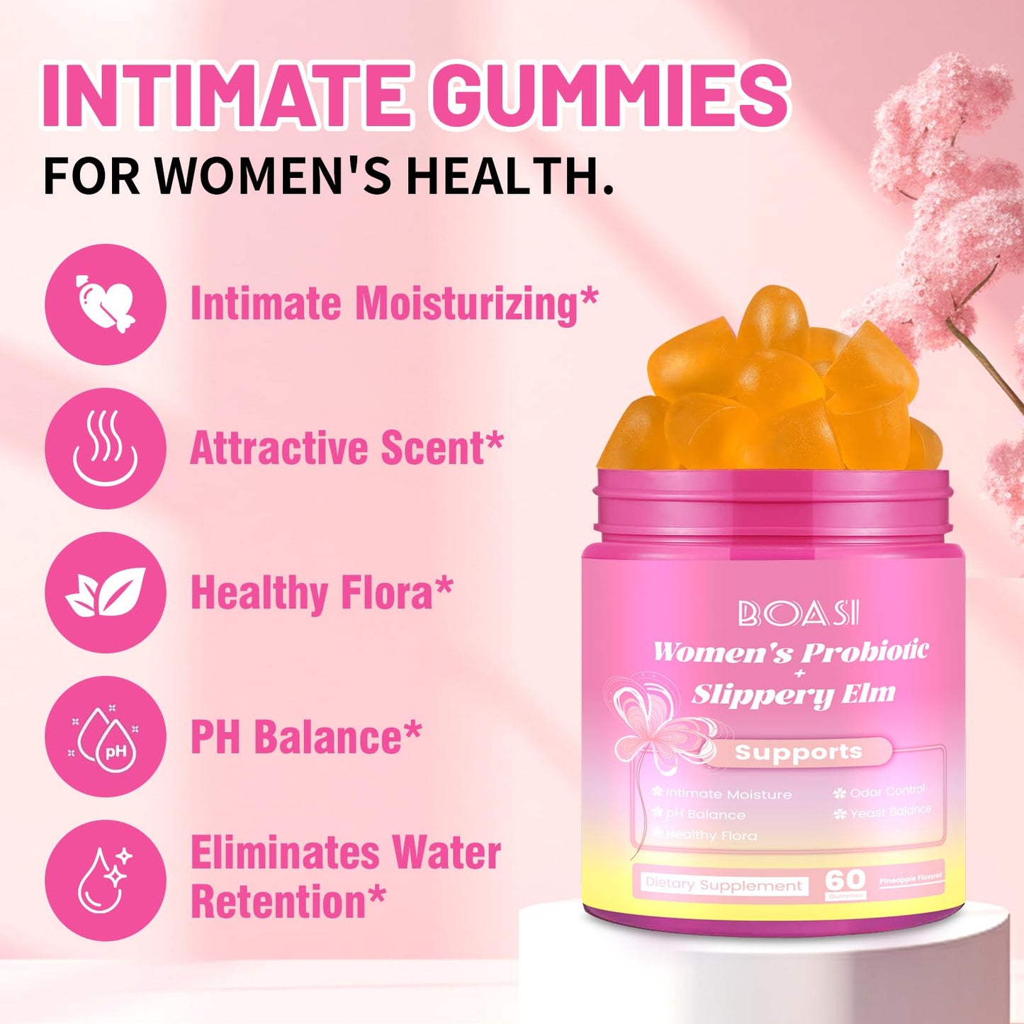 Boasi Women's Probiotics Slippery Elm Gummies,Her Juicy PH Balance,Vaginal Feminine Probiotics Pineapple Gummies,Digestive,Immune Health Boasi