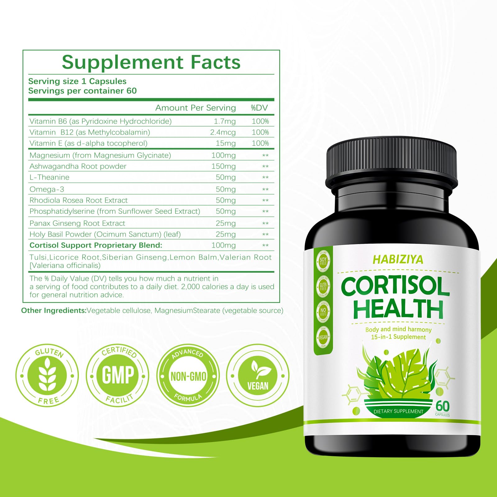 HABIZIYA Cortisol Manager Supplement for Women and Men Adrenal Support with Ashwagandha, Rhodiola Rosea, Holy Basil, Mood & Sleep Support - Non-GMO, Vegan Capsules (60 Count) HABIZIYA buy australia supplements