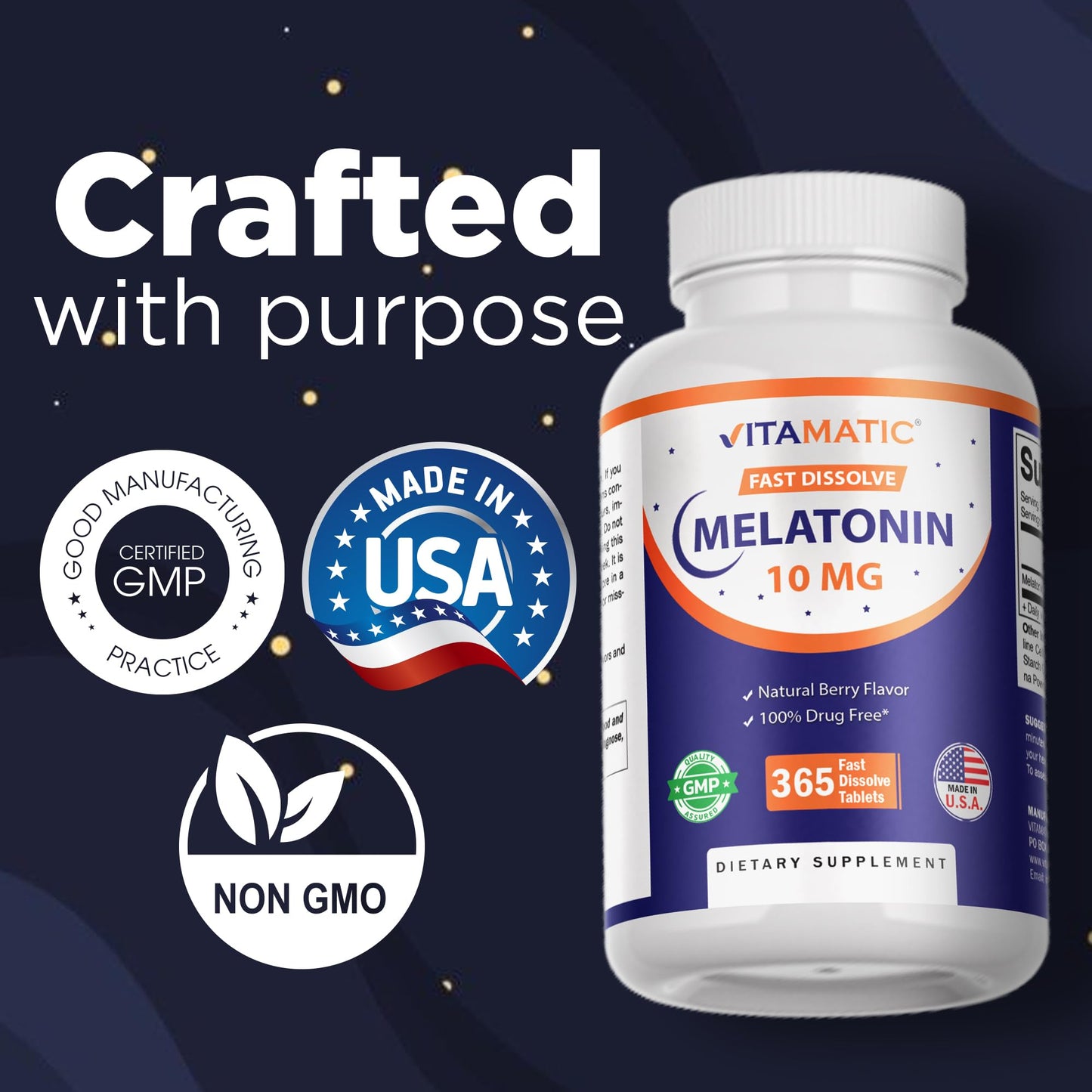 Vitamatic Melatonin 10 mg Fast Dissolve Tablets – Quick-Dissolving Sleep Support Supplement for Adults – Vegetarian, Non-GMO & Gluten-Free Vitamatic