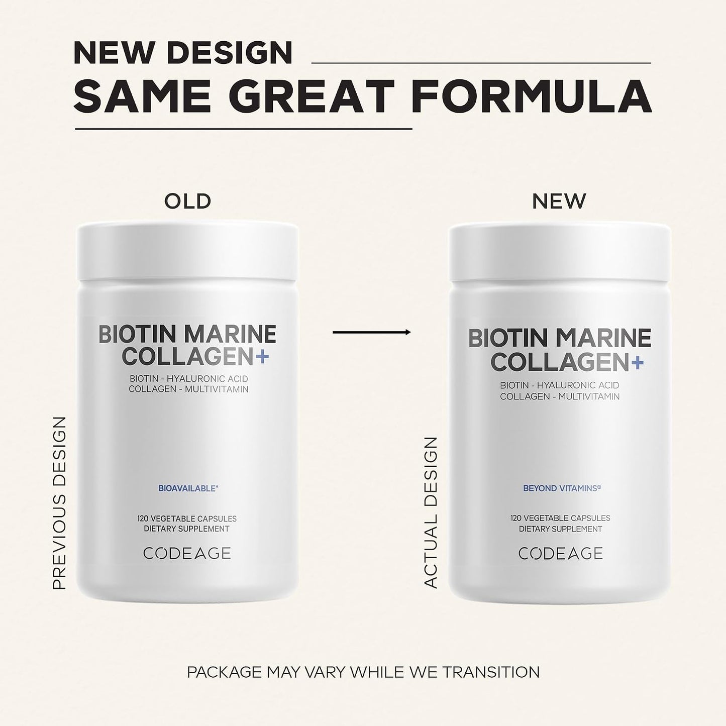 Codeage Biotin Marine Collagen, Hyaluronic Acid, Vitamin C, 120 Capsules | Wild-caught marine collagen peptides powder (types I and III) with biotin, vitamins C and E, and hyaluronic acid. Non-GMO.