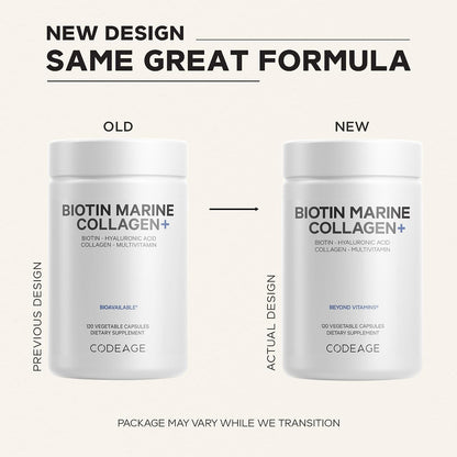 Codeage Biotin Marine Collagen, Hyaluronic Acid, Vitamin C, 120 Capsules | Wild-caught marine collagen peptides powder (types I and III) with biotin, vitamins C and E, and hyaluronic acid. Non-GMO.