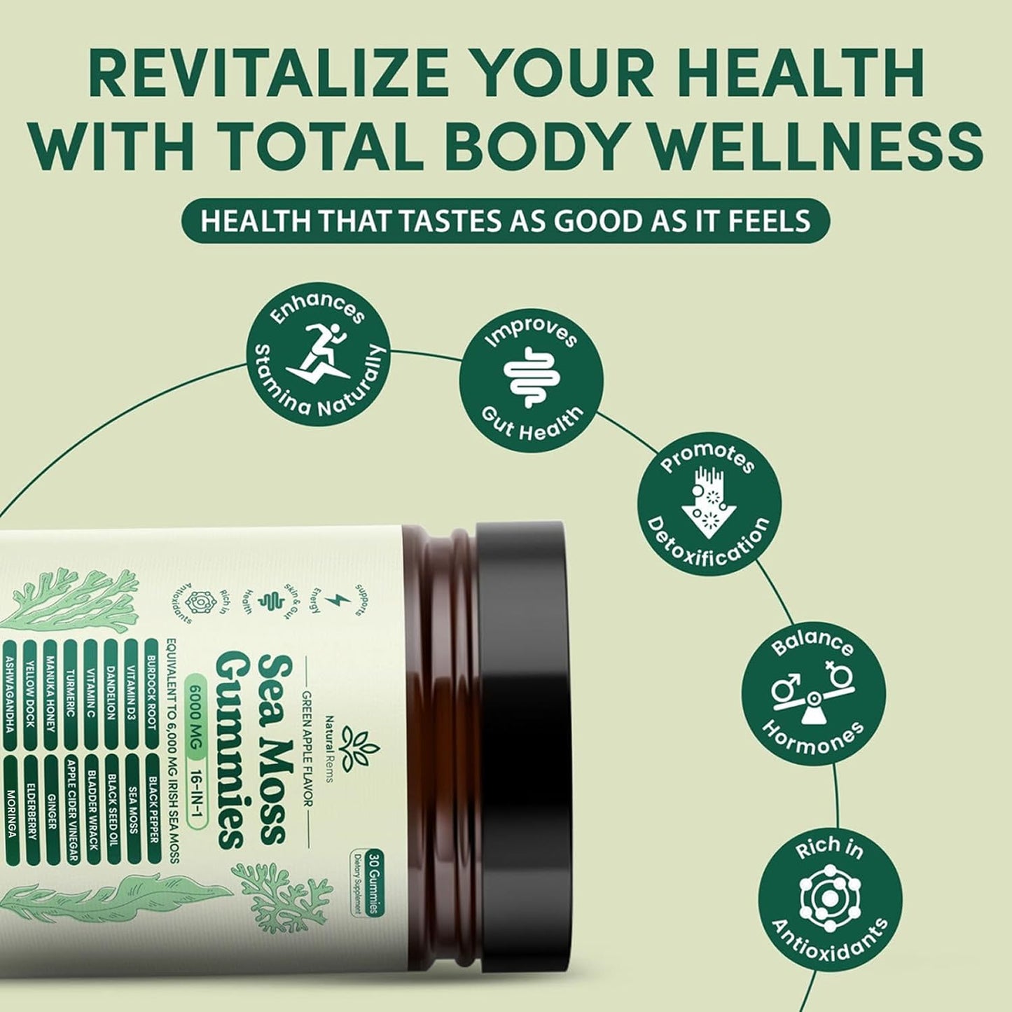 Natural Rems Sea Moss Gummies 16-in-1 - Ashwagandha Black Seed Oil Bladder Wrack Turmeric Vitamin C & D3 with Manuka Burdock Root Dandelion Yellow Natural Rems