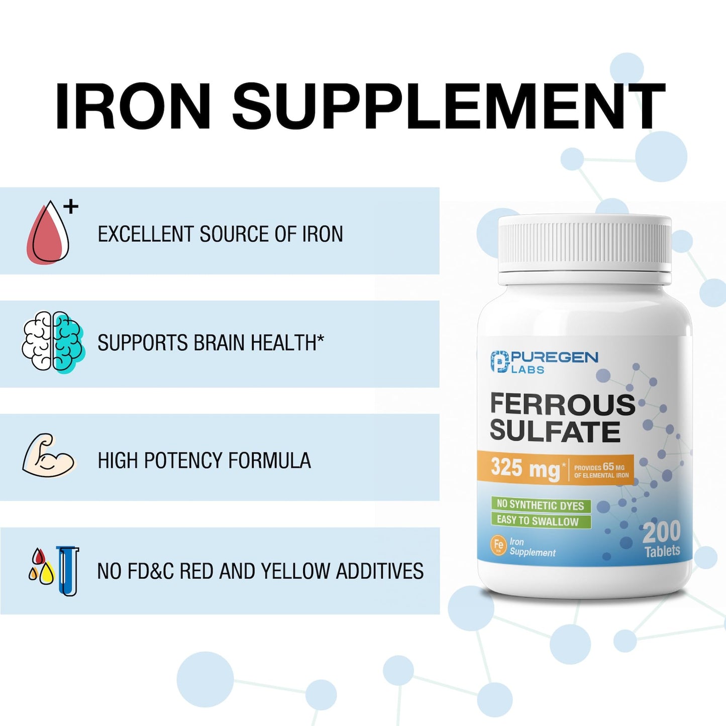 Puregen Labs Ferrous Sulfate 325 mg (65 mg Elemental Iron) High Potency Iron Supplement | No Artificial Color Additives - 200 Tablets P Puregen Labs