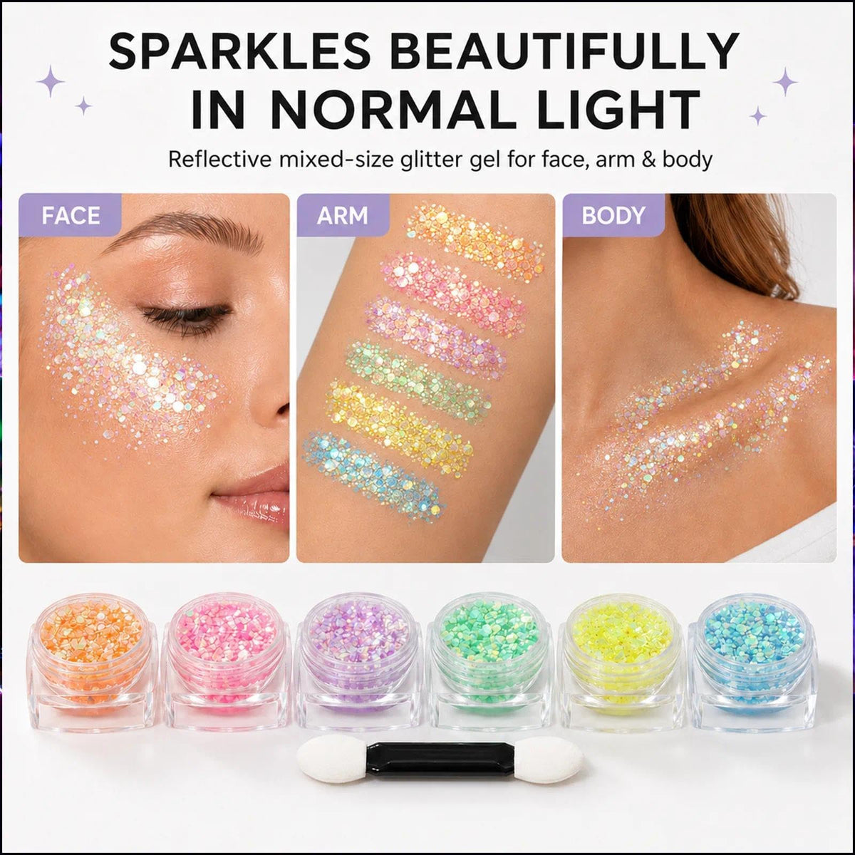 6 Colors Glow in the Dark Glitter Gel, UV Face Body Hair Makeup MiraWish