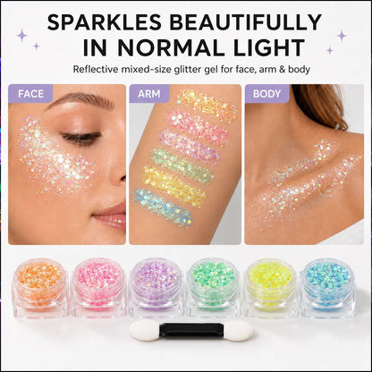6 Colors Glow in the Dark Glitter Gel, UV Face Body Hair Makeup MiraWish