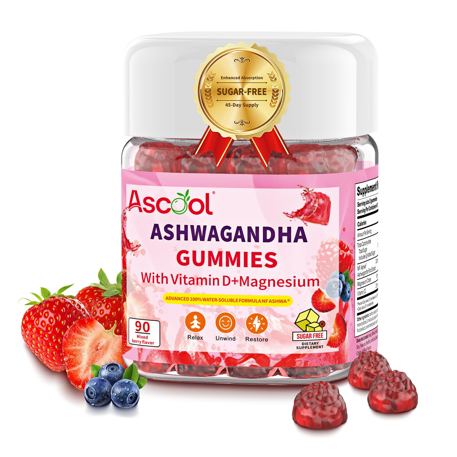 Ascool Ashwagandha Gummies for Stress Relief & Clam with Magnesium + Vitamin D – 90 Count Sugar-Free, Vegan Ashwa Supplements Ascool