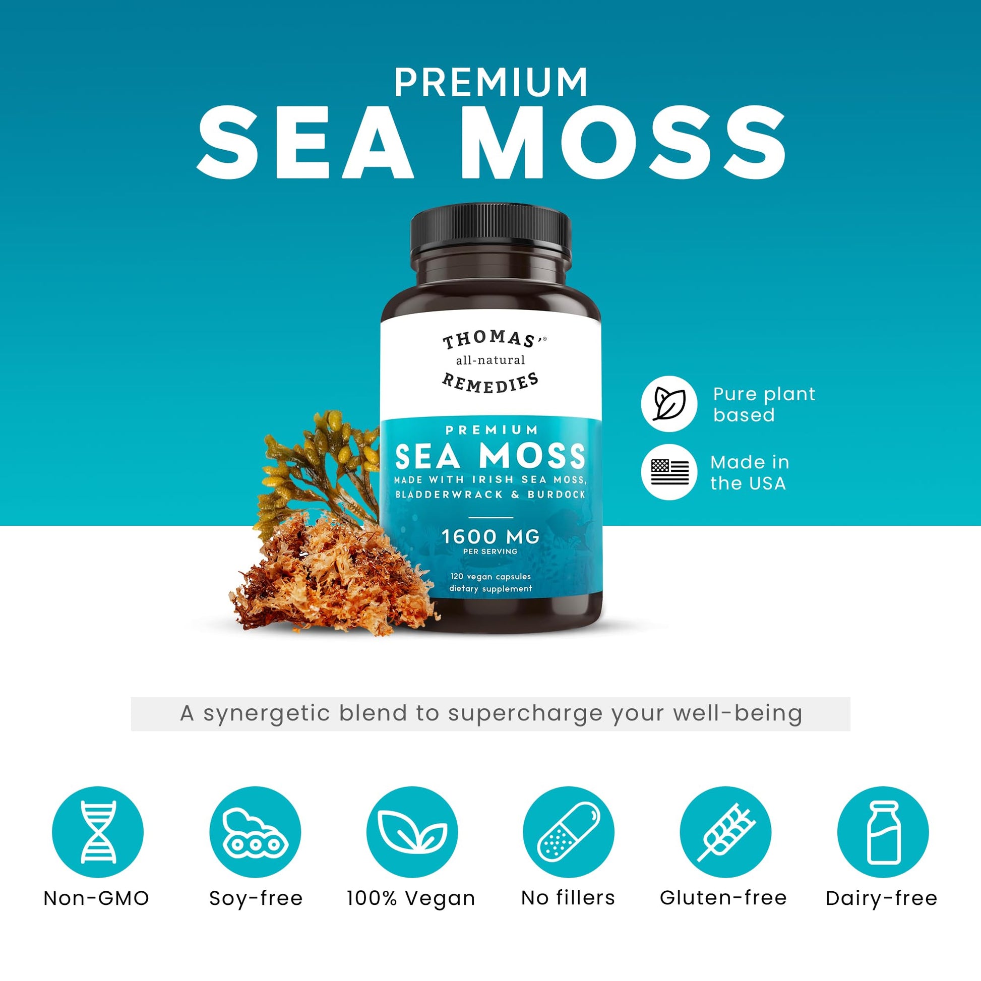 Thomas' all-natural Remedies Irish Sea Moss Capsules, Sea Moss with Bladderwrack & Burdock Root Organic for Gut Health, Digestion, Energy & Immune Support, 120 Seamoss Pills Thomas' all-natural Remedies buy australia supplements