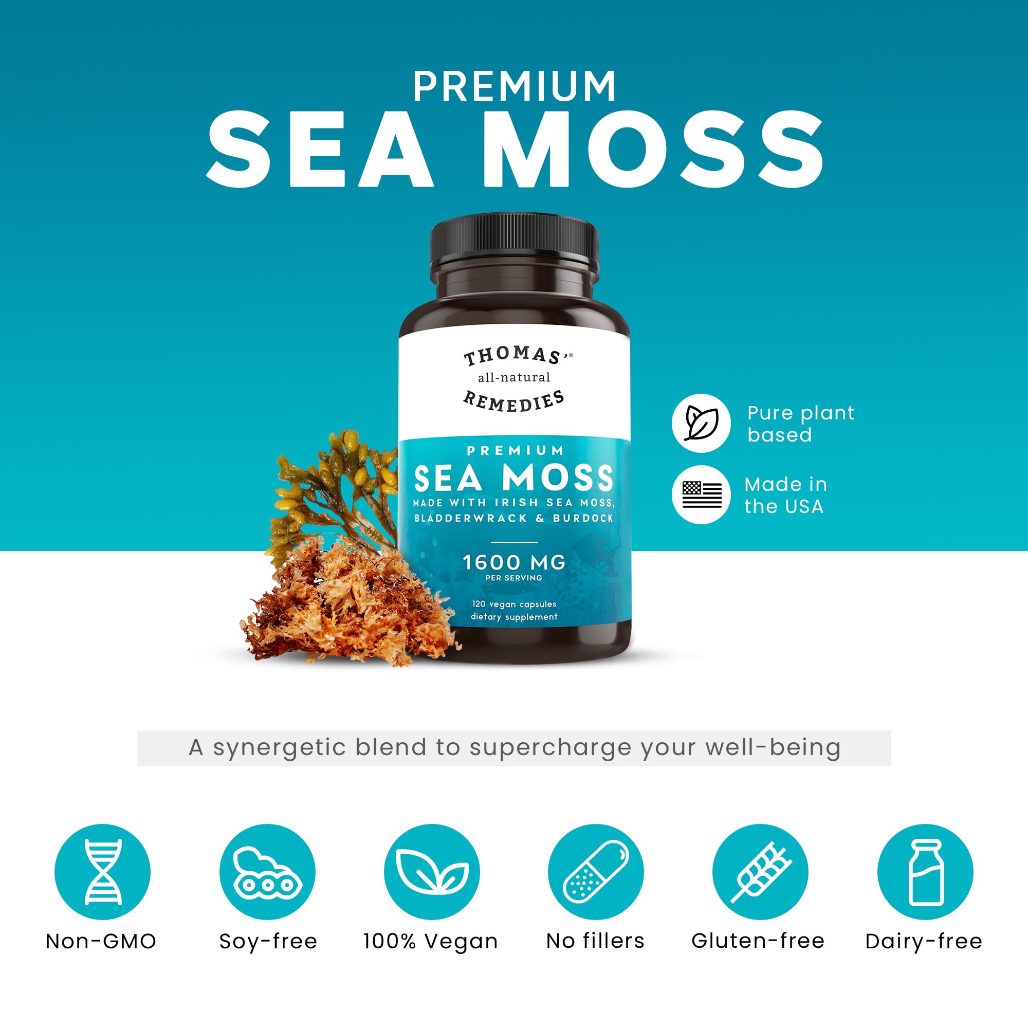 Thomas' all-natural Remedies Irish Sea Moss Capsules, Sea Moss with Bladderwrack & Burdock Root Organic for Gut Health, Digestion, Energy & Immune Support, 120 Seamoss Pills Thomas' all-natural Remedies buy australia supplements