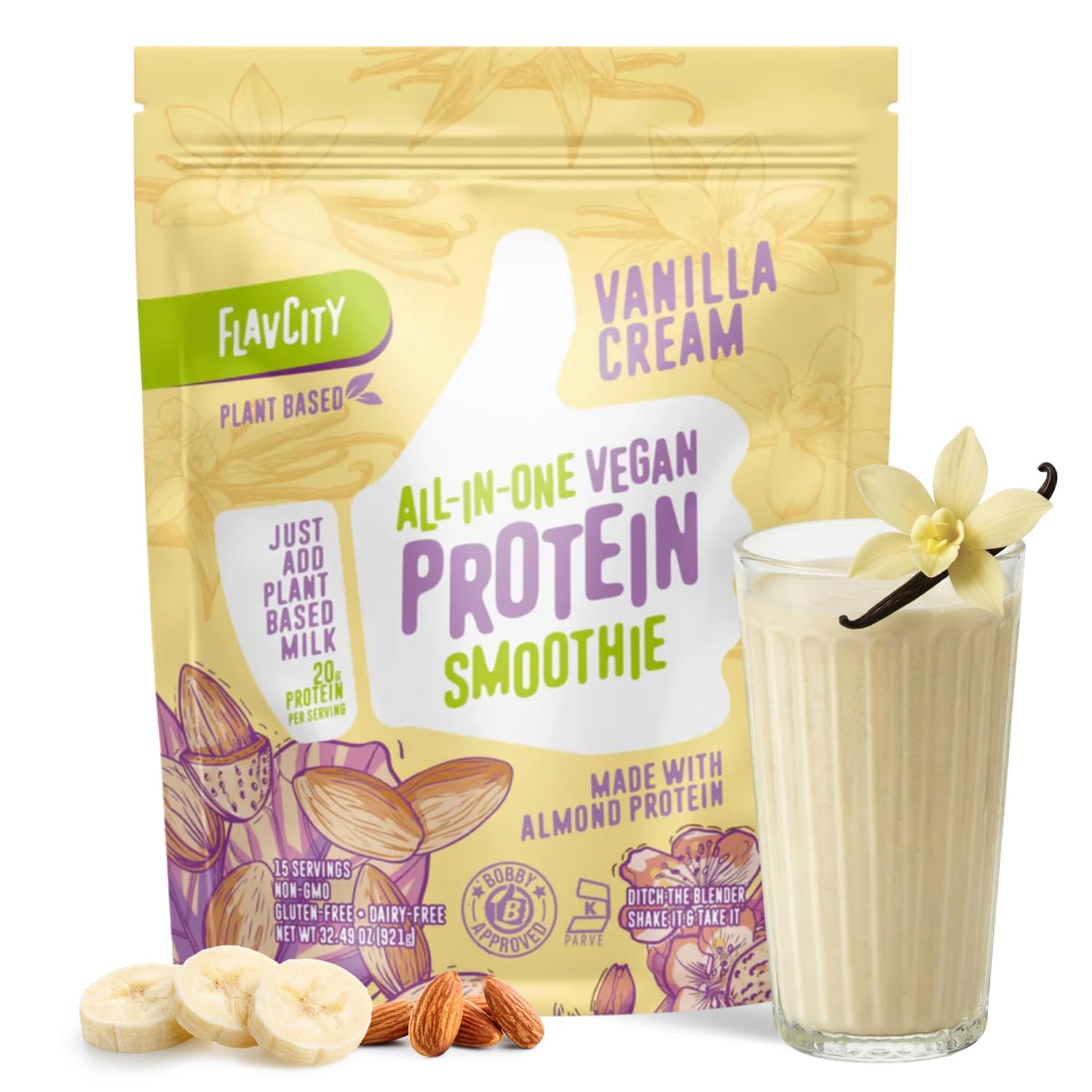 FlavCity Vegan Almond Protein Shake Powder, Vanilla Cream + Reishi & Cordyceps Mushrooms - Focus, Skin, Hair & Joint Support - Organic Fruit All in One Smoothie On-the-Go, 20 Servings FlavCity buy australia supplements