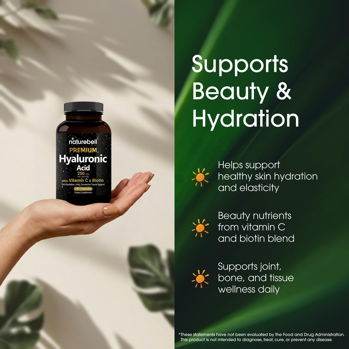 NatureBell Hyaluronic Acid 250mg - 240 Capsules - 250mg Hyaluronic Acid, 5000mcg Biotin & 25 mg Vitamin C - Supports Skin NatureBell