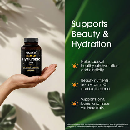 NatureBell Hyaluronic Acid 250mg - 240 Capsules - 250mg Hyaluronic Acid, 5000mcg Biotin & 25 mg Vitamin C - Supports Skin NatureBell